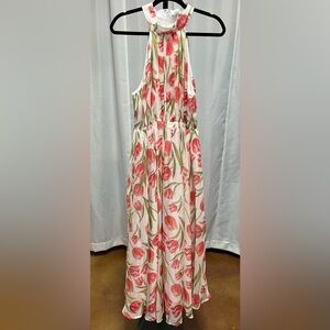 Fehaute Pink Pleated Floral Chiffon Halter Sleeveless A-Line Maxi Dress NWT | 10